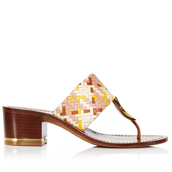 Tory Burch PATOS DISK MID-HEEL SANDAL Woven Neutral Pink Gold Accent Details - Picture 3 of 14
